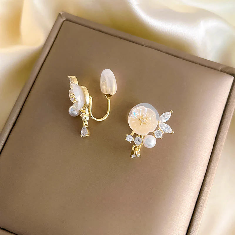 Buddha Stones White Rose Flower Zircon Copper Luck Clip-on Stud Earrings