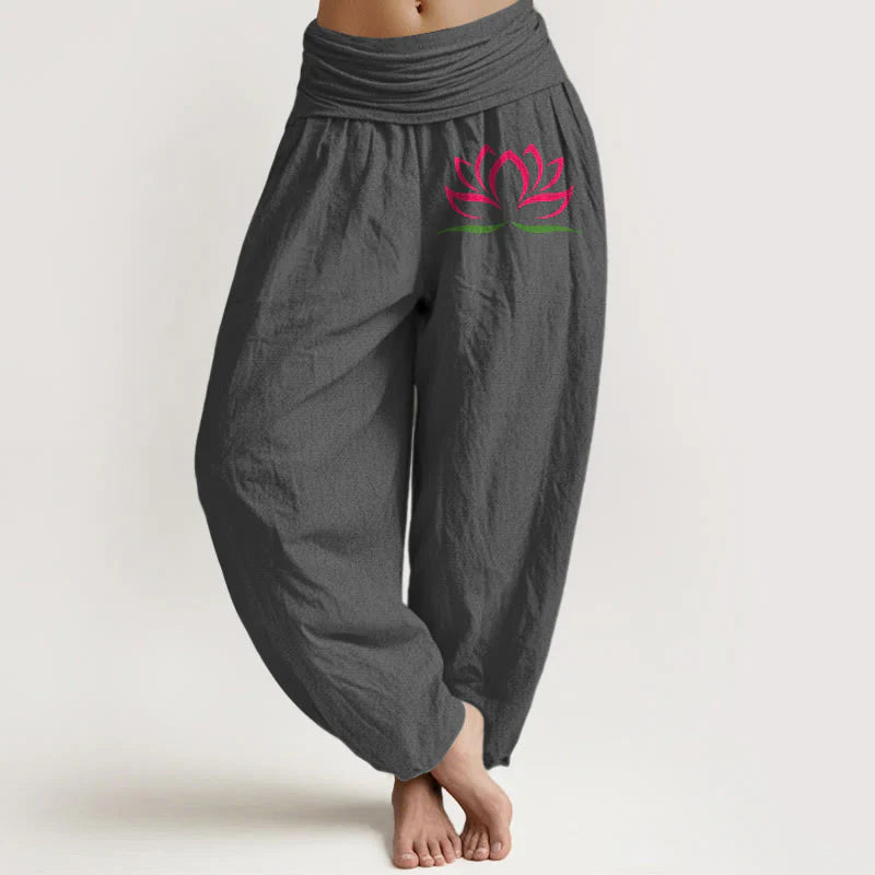 Buddha Stones Simple Design Pink Lotus Pattern Pure Cotton Women's Elastic Waist Harem Pants