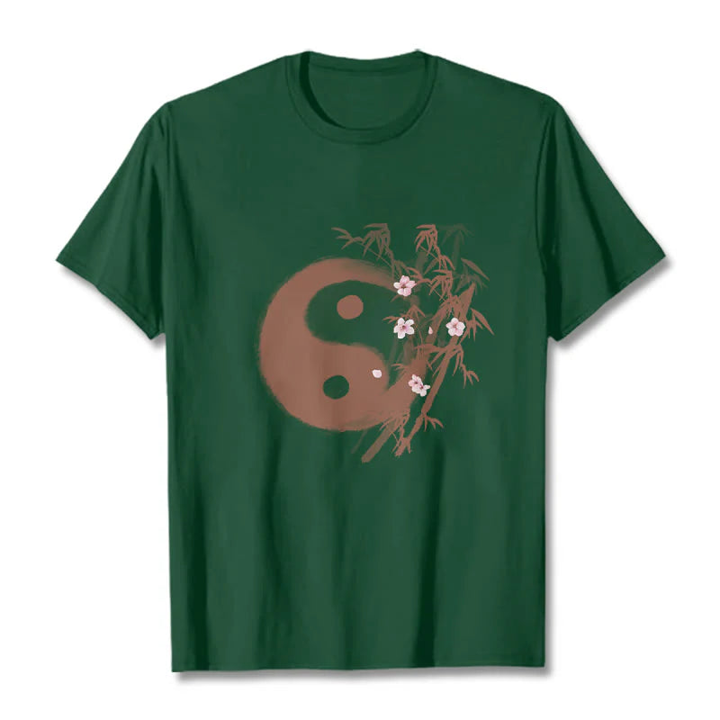 Buddha Stones Yin Yang Bamboo Cherry Blossom Pattern Tee T-shirt