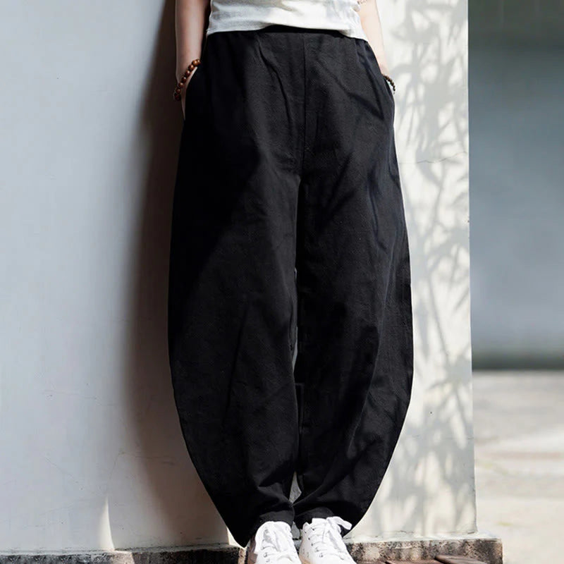 Buddha Stones Summer Plain One Chinese Frog-Button Straight Leg Design Men's Cotton Linen Pants With Pockets