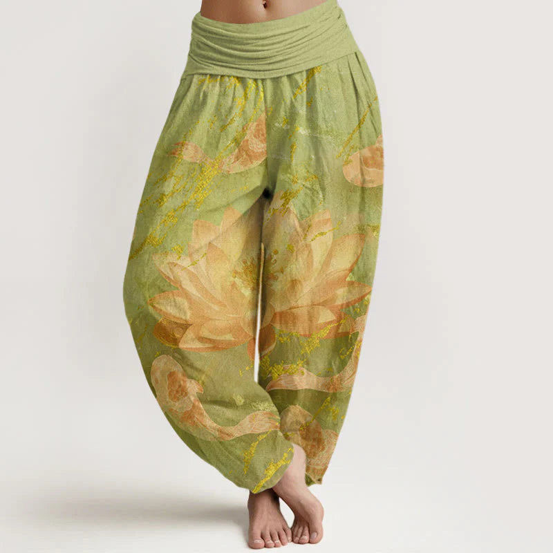Buddha Stones Cotton Casual Lotus Flower Koi Fish Pattern Women's Harem Pants