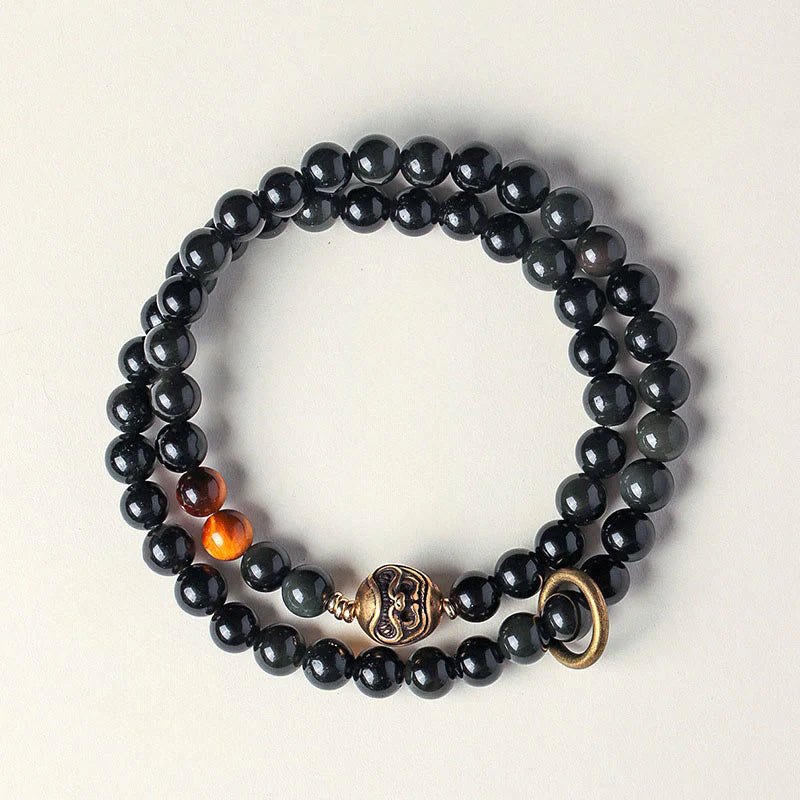 Buddha Stones Tibetan Black Obsidian Tiger Eye Copper Double Wrap Strength Bracelet