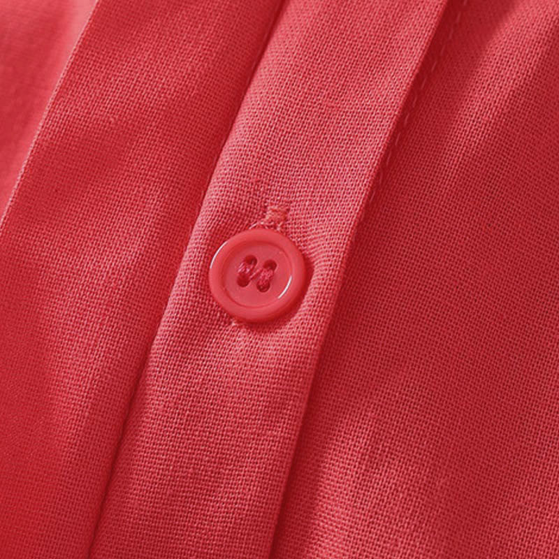 Buddha Stones Summer Stand Collar Short Sleeve Plain Women's Buttons Cotton Shirt With Pocket