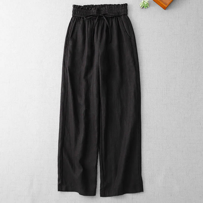 Buddha Stones Casual High Waist Ruffled Drawstring Design Women's Wide Leg Cotton Pants With Pockets