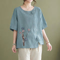 Buddha Stones Three-dimensional Flowers Design Crew Neck Short Sleeve Cotton Women's Shirt
