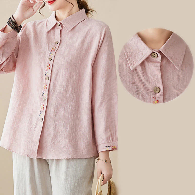 Buddha Stones Spring Plain Embroidered Flower Pattern Button Women's Long Sleeve Cotton Lapel Shirt