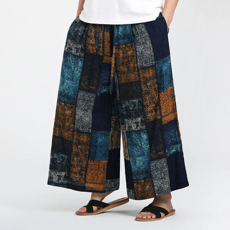 Buddha Stones Summer Patchwork Design 7-8 Length Men's Wide Leg Pants With Pockets