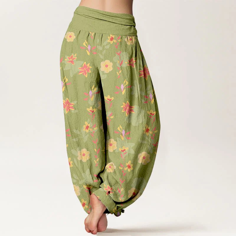 Buddha Stones Cotton Simple Refreshing Flower Leaf Pattern Women's Elastic Waist Harem Pants