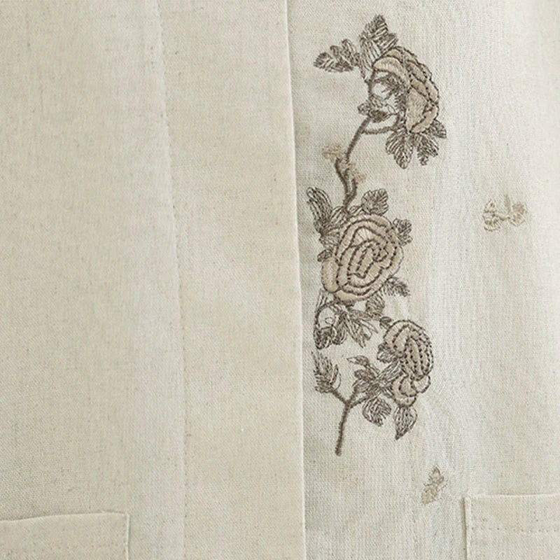 Buddha Stones Commute Embroidery Floral Pattern Three Quarter Sleeve Women's Cotton Shirt With Pockets