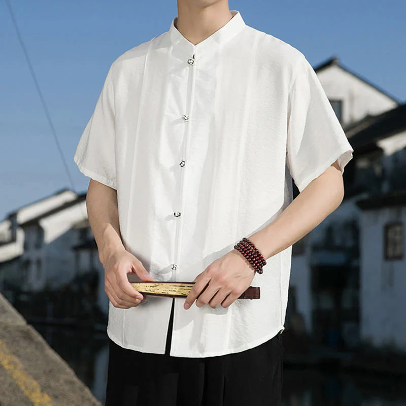 Buddha Stones Summer Solid Color Front Button Design Men's Half Sleeve Cotton Shirt