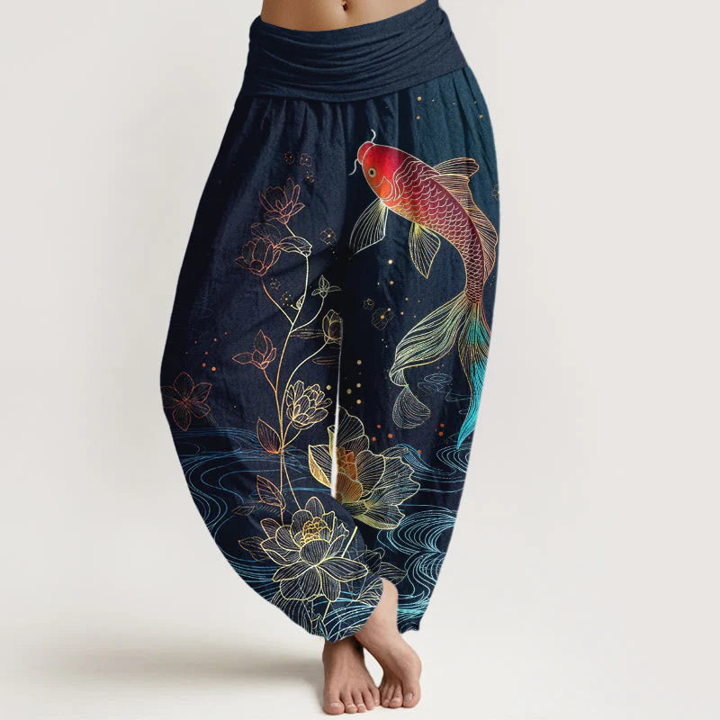 Buddha Stones Lotus Koi Fish Pattern Women's Elastic Waist Pure Cotton Harem Pants