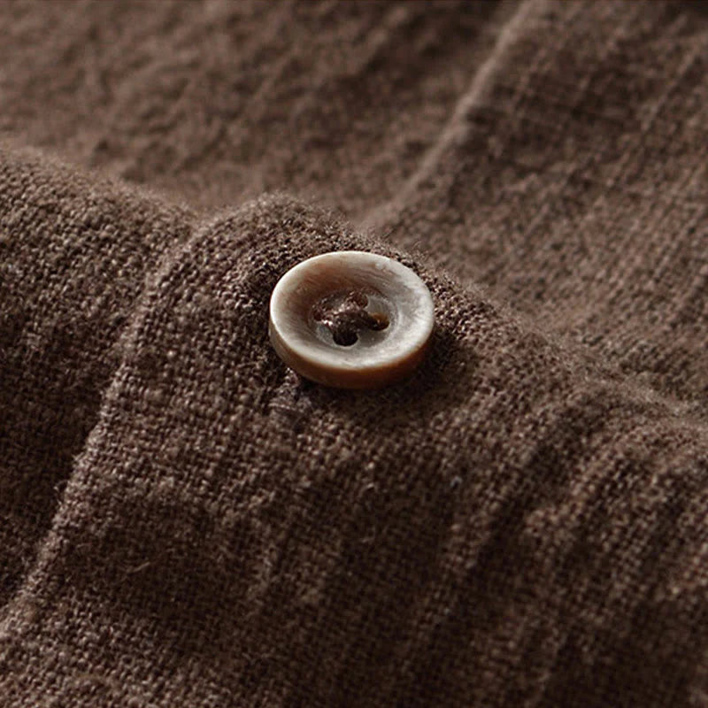 Buddha Stones Solid Color Men's Buttons Long Sleeve Cotton Linen Shirt With Pockets