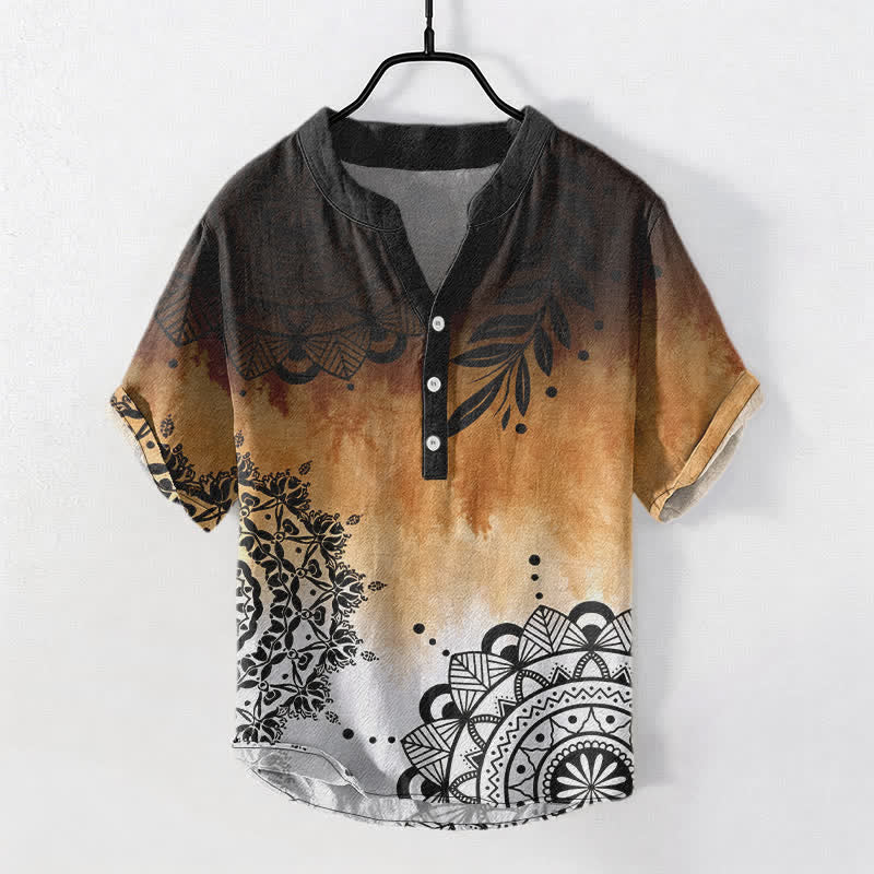 Buddha Stones Cotton Mandala Pattern Men's Short Sleeve Half Button Shirt