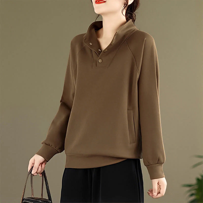 Buddha Stones Fall Solid Stand Collar Buttons Design Long Sleeve Women's Cotton Sweatshirt