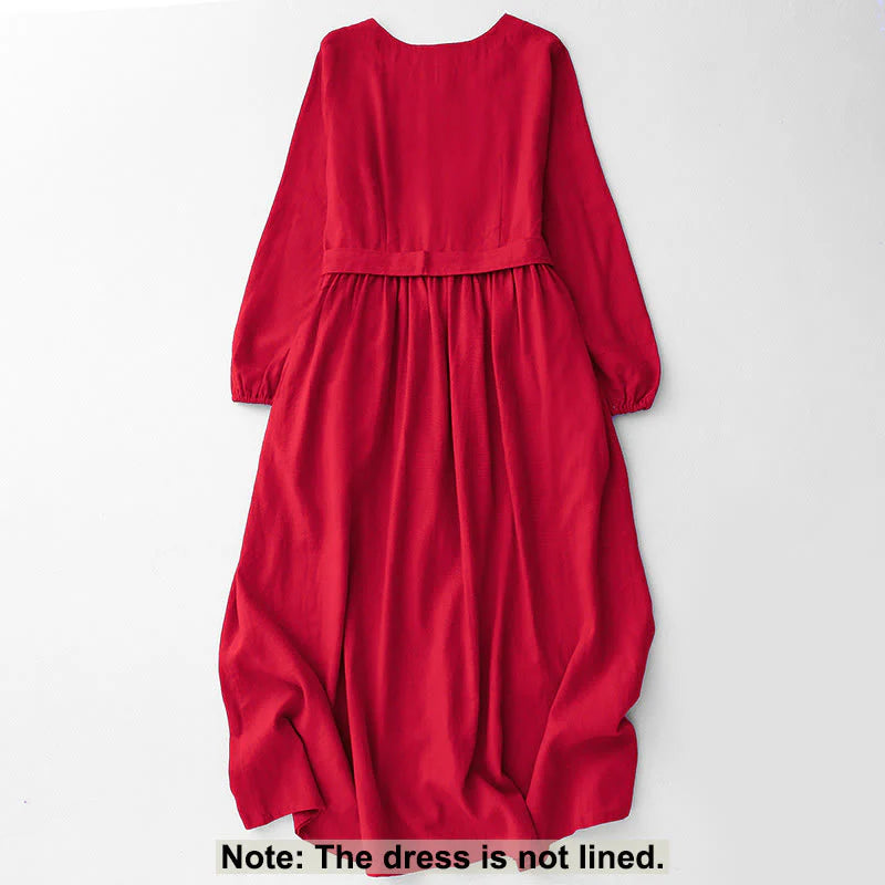 Buddha Stones Plain Long Sleeve Lace-up Desgin Women's Cotton Midi Dress With Pockets