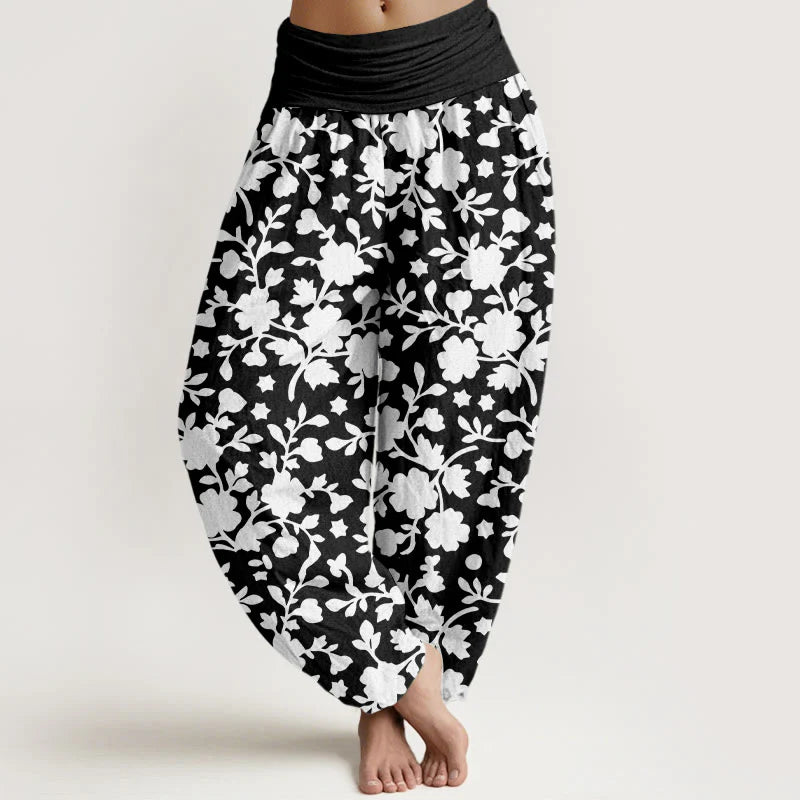 Buddha Stones Pure Cotton White Flowers Leaves Stars Pattern Women's Elastic Waist Harem Pants