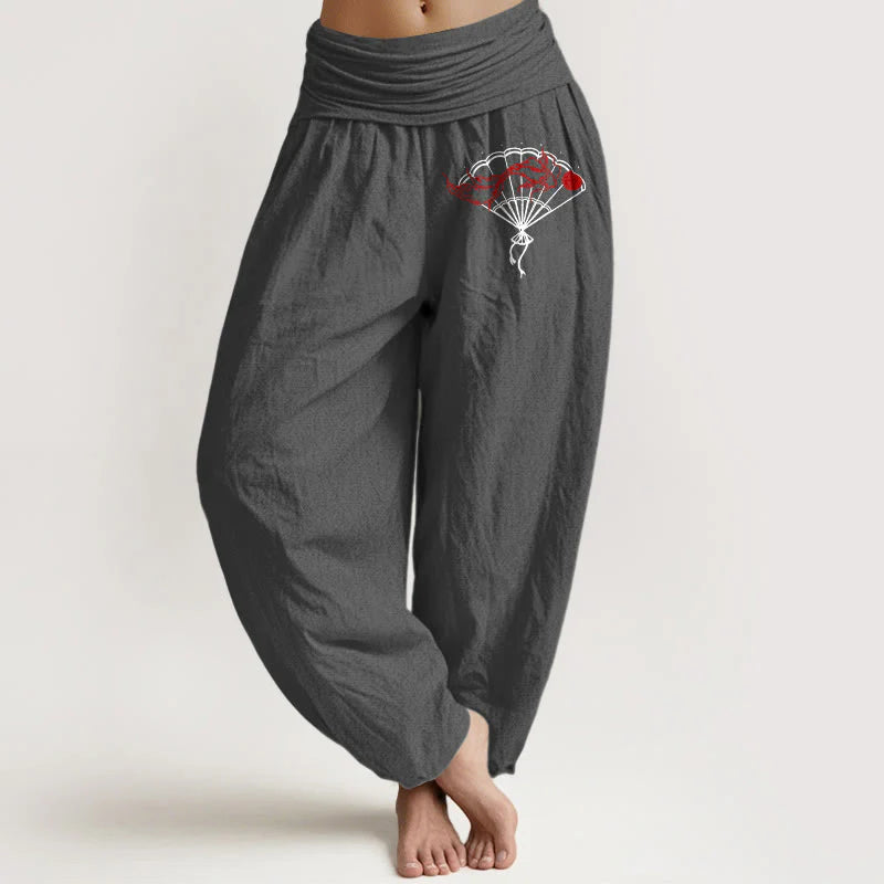 Buddha Stones Fan Red Fish Pattern Women's Elastic Waist Harem Pure Cotton Pants