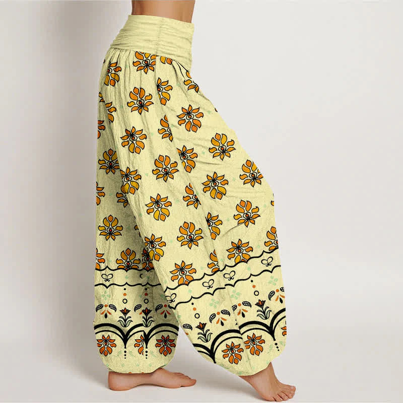 Buddha Stones Floral Pattern Pure Cotton Women's Harem Elastic High Waist Pants
