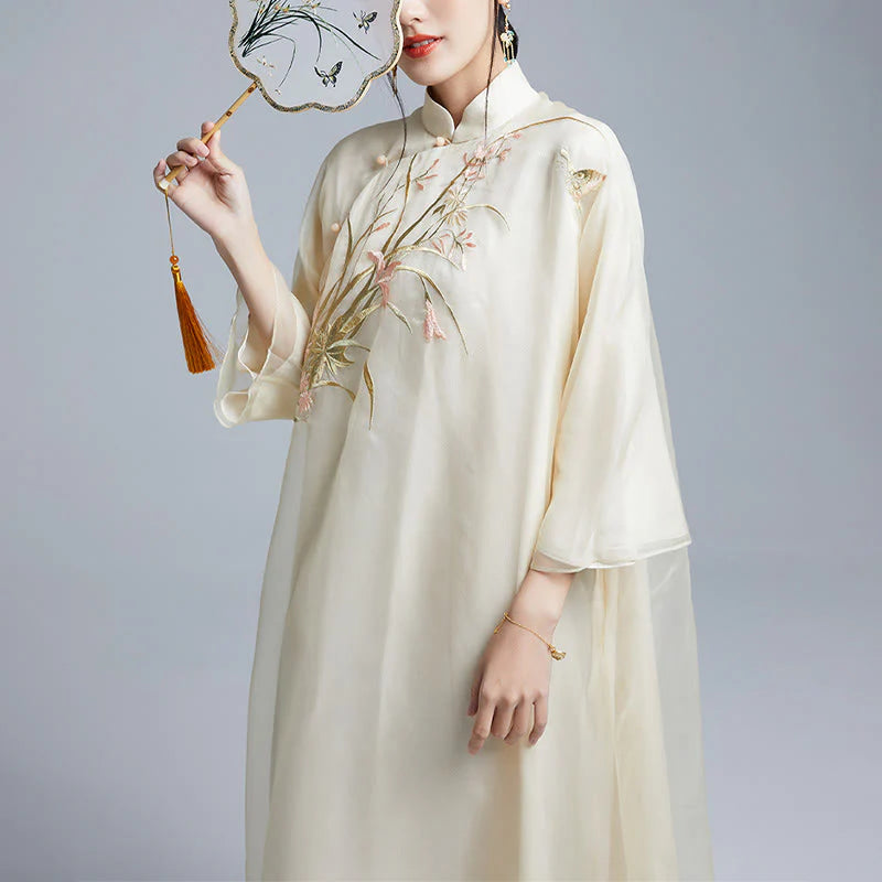 Buddha Stones 100% Mulberry Silk 6 Momme Dress Vintage Flower Butterfly Embroidery Qipao Dress Women's Cheongsam Dress