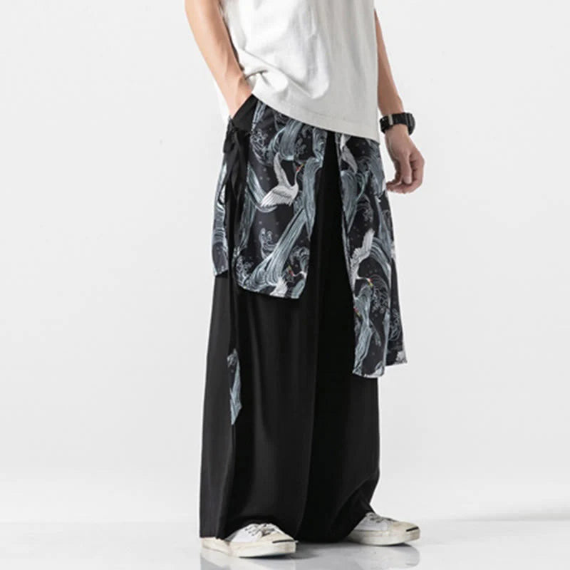 Buddha Stones Summer Flying Crane Design Cotton Men's Wide Leg Pants With Pockets