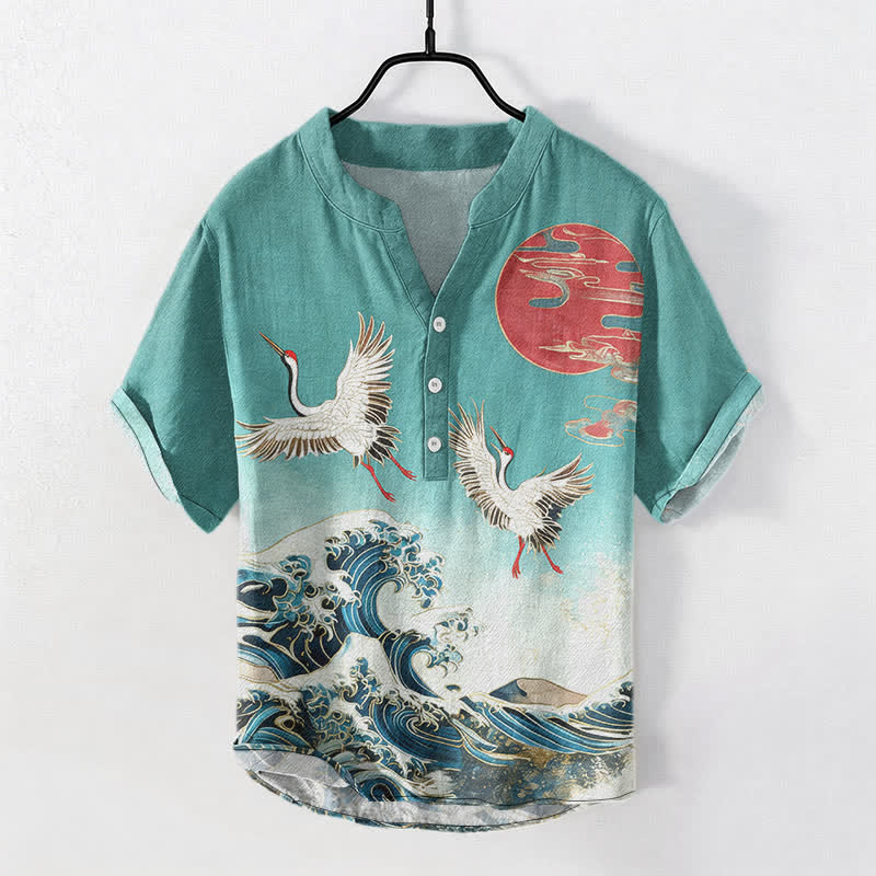 Buddha Stones Cotton Crane Wave Sun Pattern Men's Short Sleeve Half Button Shirt