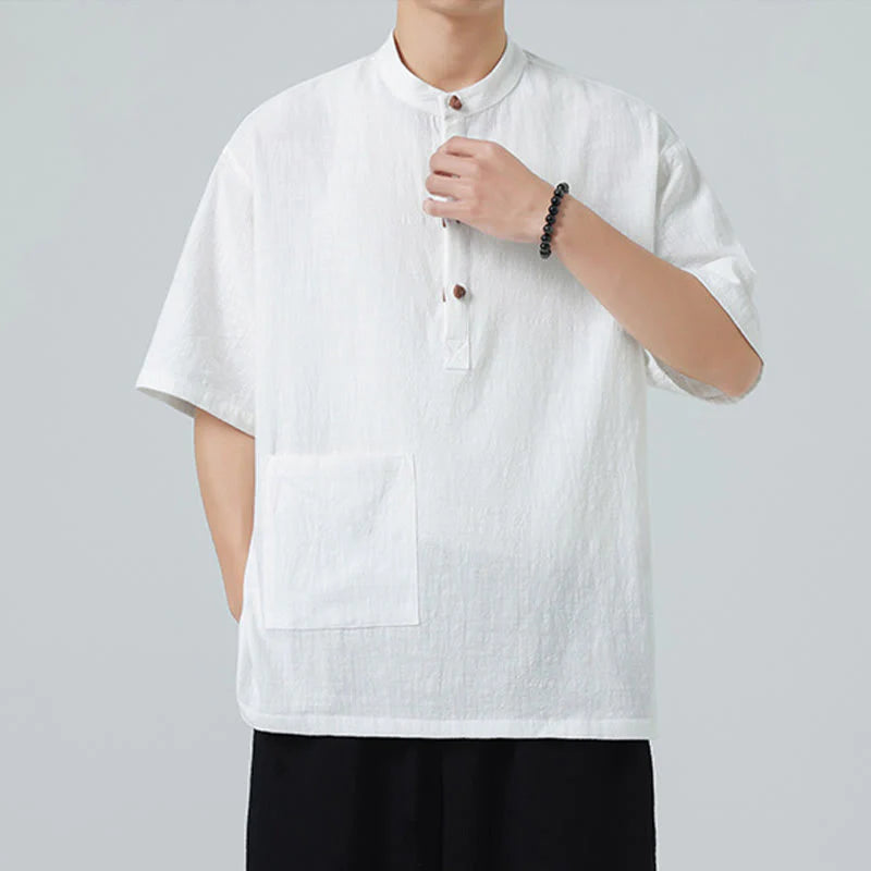 Buddha Stones Casual Half Frog-Button Design Stand Collar Tang Suit Men's Half Sleeve Cotton Shirt With Pocket