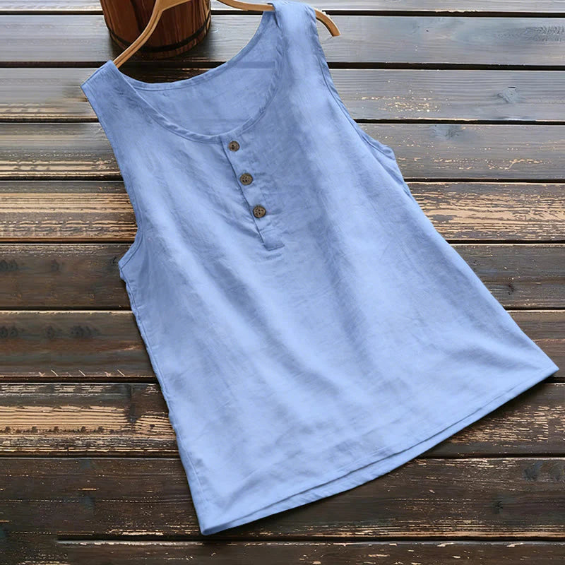 Buddha Stones Summer Pure Color Crew Collar Button Women's Vest Waistcoat