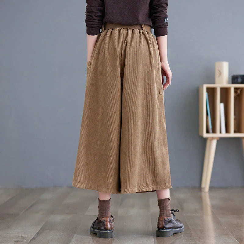 Buddha Stones Retro Women's Wide Leg 7-8 Length Corduroy Pants With Pockets Belt