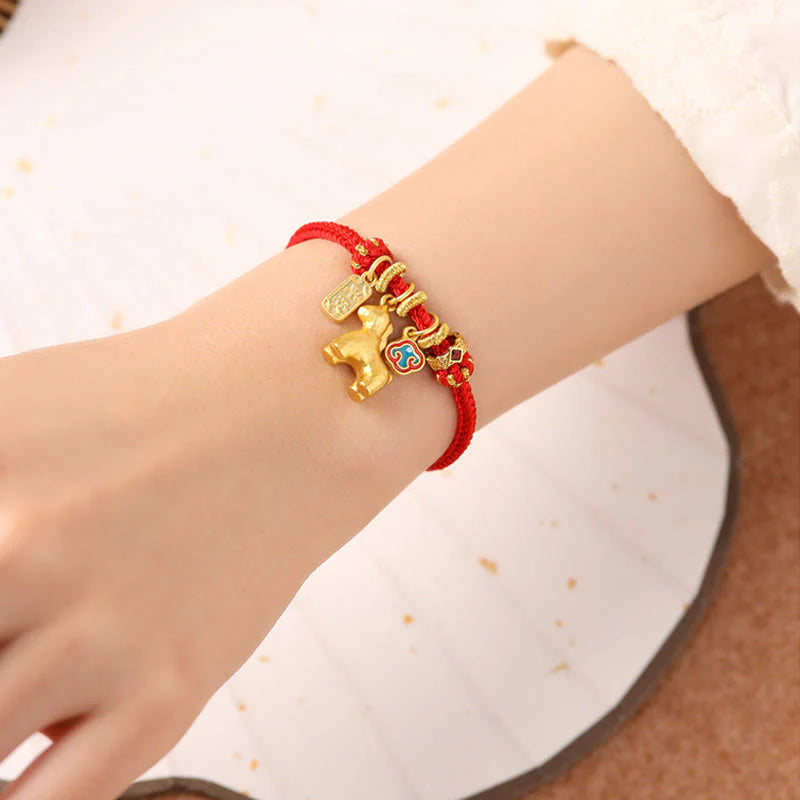 Buddha Stones Year Of The Horse Copper Red String Fu Character Lotus Luck Bracelet