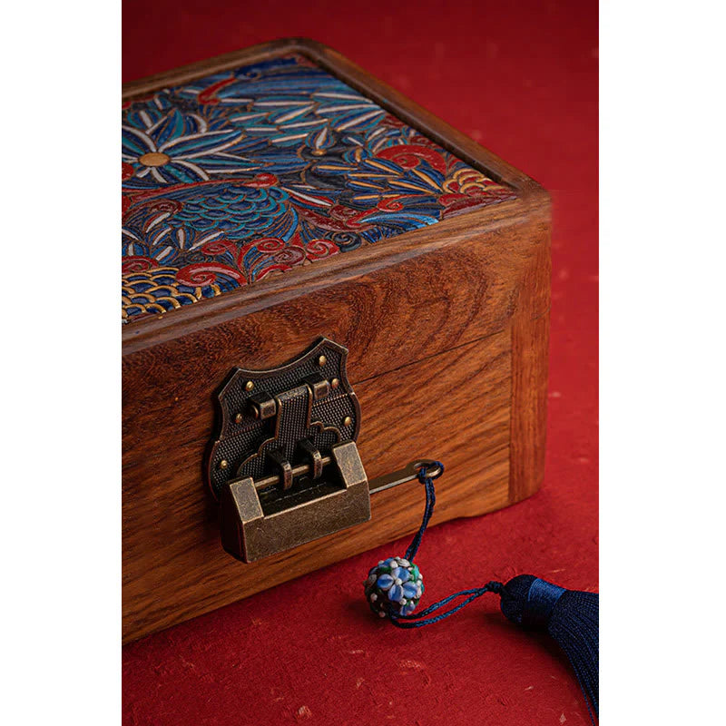 Buddha Stones Retro Handmade Floral Pattern Rosewood Jewelry Storage Box Lockable Wooden Gift Organizer Box