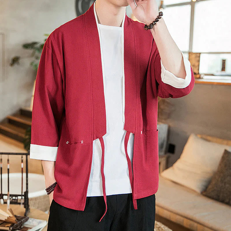 Buddha Stones Lace-Up Design Jacket Cotton Linen Men's Three Quarter Sleeve Kimono With Pockets