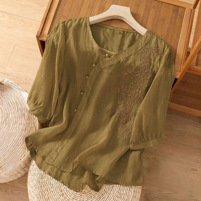 Buddha Stones Casual Loose Flower Embroidery Frog Button Short Sleeve Women's Shirt