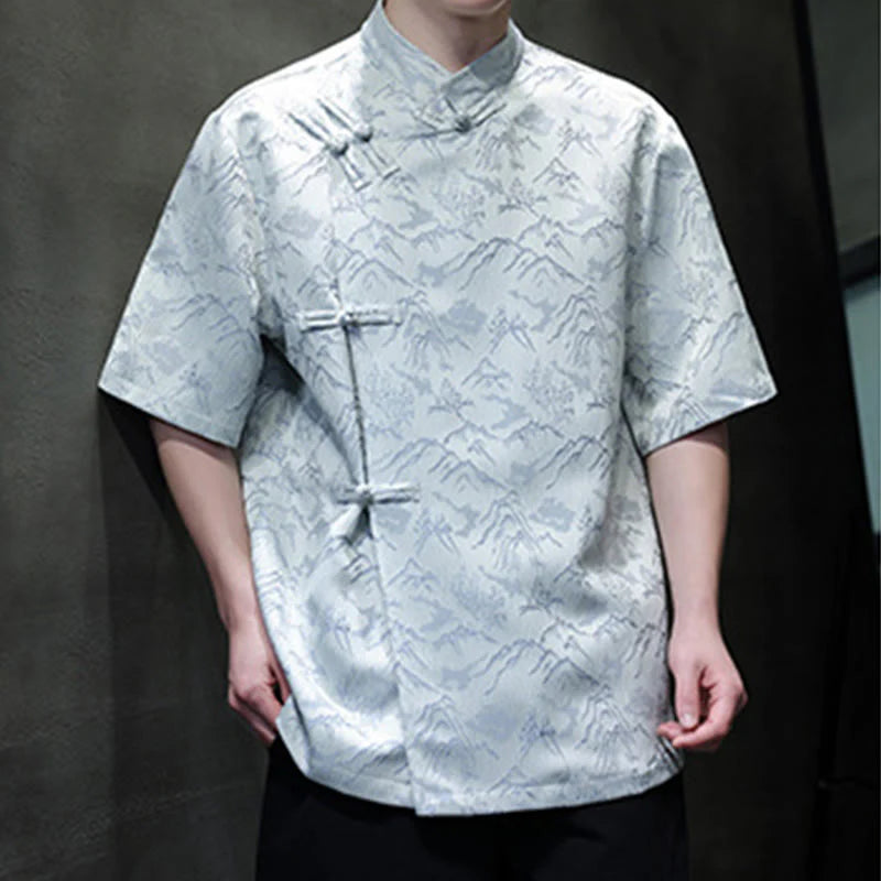 Buddha Stones Summer Mountain Pattern Jacquard Chinese Frog-Button Cotton Short Sleeve Men's Shirt