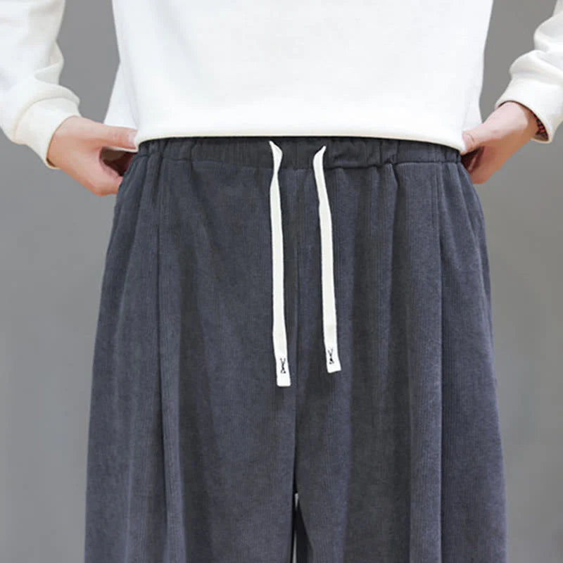Buddha Stones Plain Color Pure Cotton Corduroy Men's Harem Pants With Pockets
