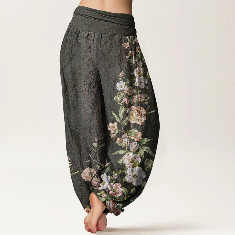 Buddha Stones Cotton Ethnic Floral Ethnic Totem Pattern Women's Elastic Waist Harem Pants
