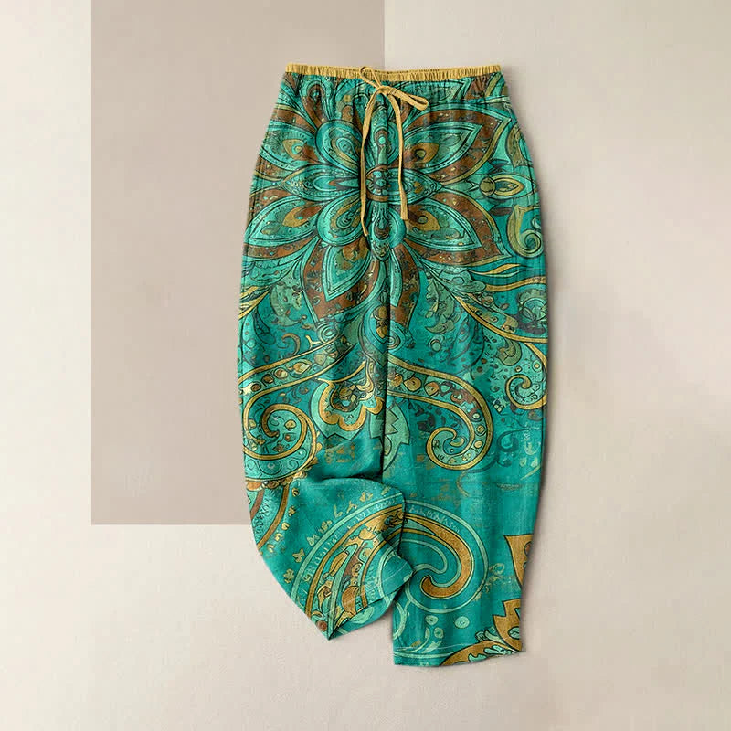 Buddha Stones Cotton Paisley Mandala Pattern Elastic Waist Women's Pants With Pockets