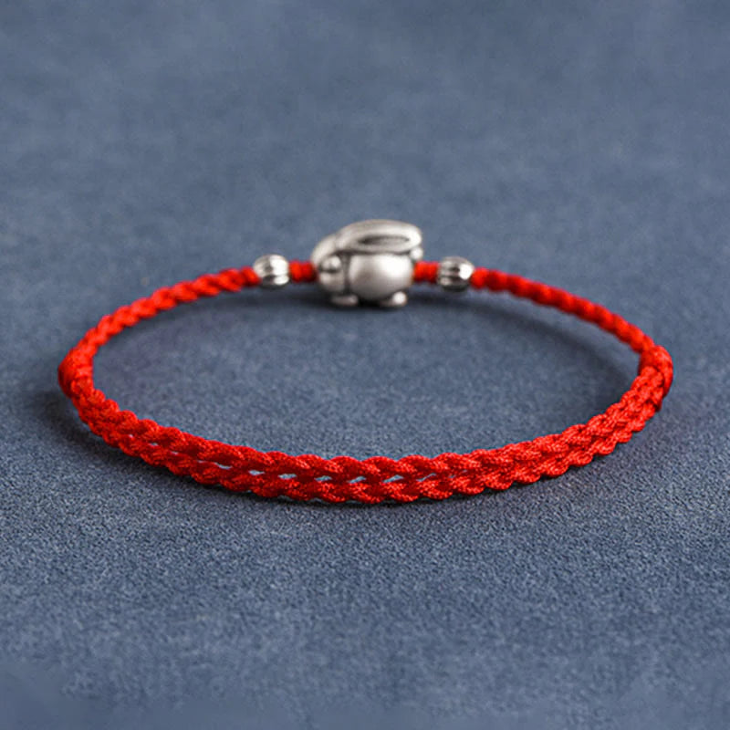 Buddha Stones Handmade 999 Sterling Silver Rabbit Luck Rope Bracelet Anklet