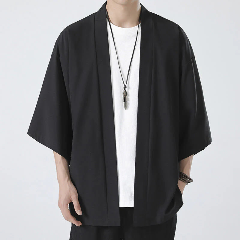 Buddha Stones Solid Color Open Front Jacket Men's Kimono
