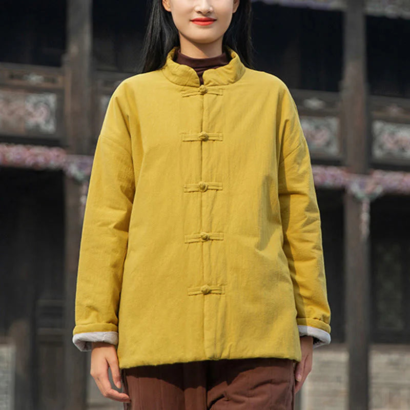 Buddha Stones Winter Solid Frog-Button Long Sleeve Cotton Women's Thermal Jacket With Pockets