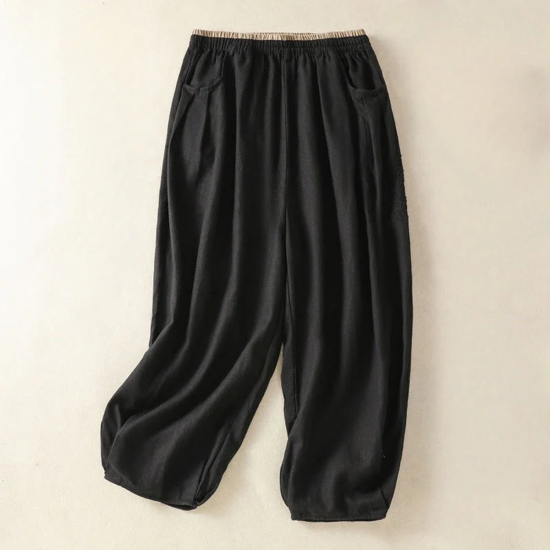 Buddha Stones Casual Embroidery Women's Cotton Linen 7-8 Length Harem Pants With Pockets