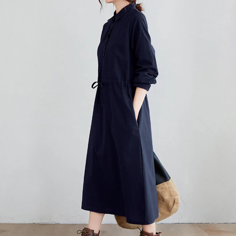 Buddha Stones Fall Solid Color Lace-Up Design Lapel Long Sleeve Cotton Midi Dress With Pockets