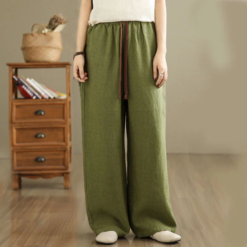 Buddha Stones Commute Retro Solid Color Women's Harem Drawstring Cotton Pants With Pockets