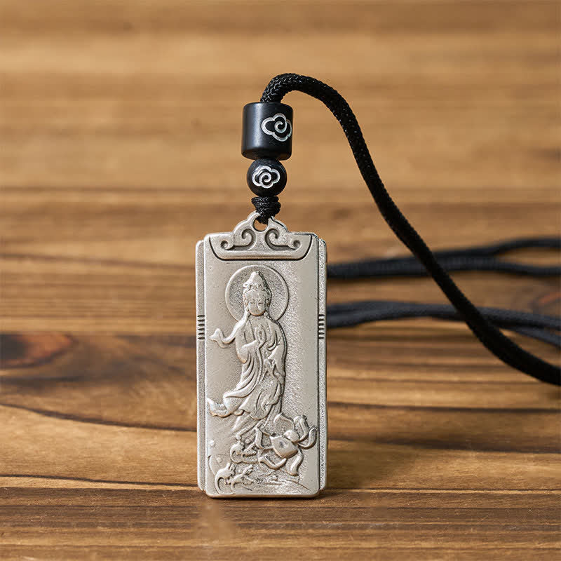 Buddha Stones Copper Plated With Silver Avalokiteśvara Rope Wealth Necklace Pendant