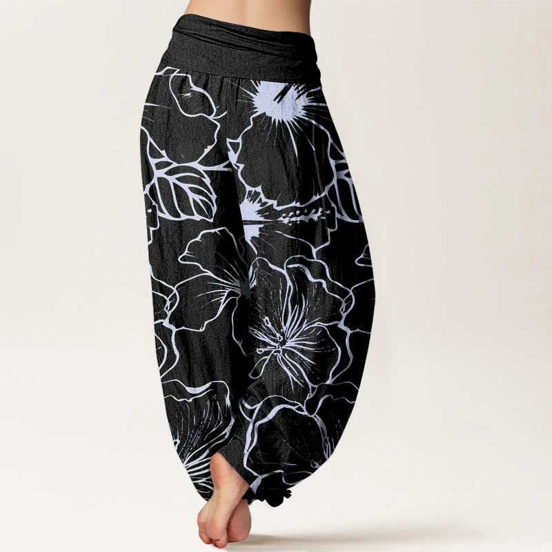 Buddha Stones Cotton Morning Glory Flowers Pattern Design Women's Elastic Waist Harem Pants