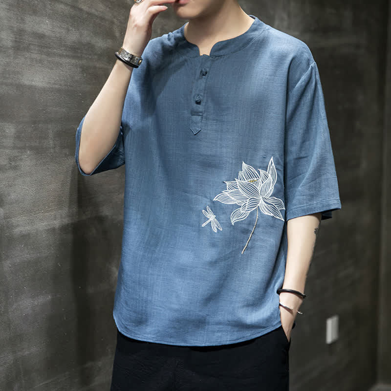 Buddha Stones Summer Embroidered Lotus Dragonfly Pattern Chinese Frog-Button Men's Short Sleeve T-shirt