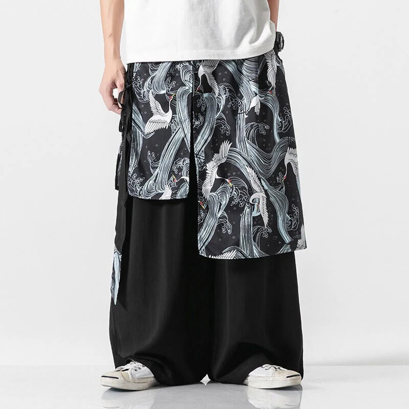 Buddha Stones Summer Flying Crane Design Cotton Men's Wide Leg Pants With Pockets