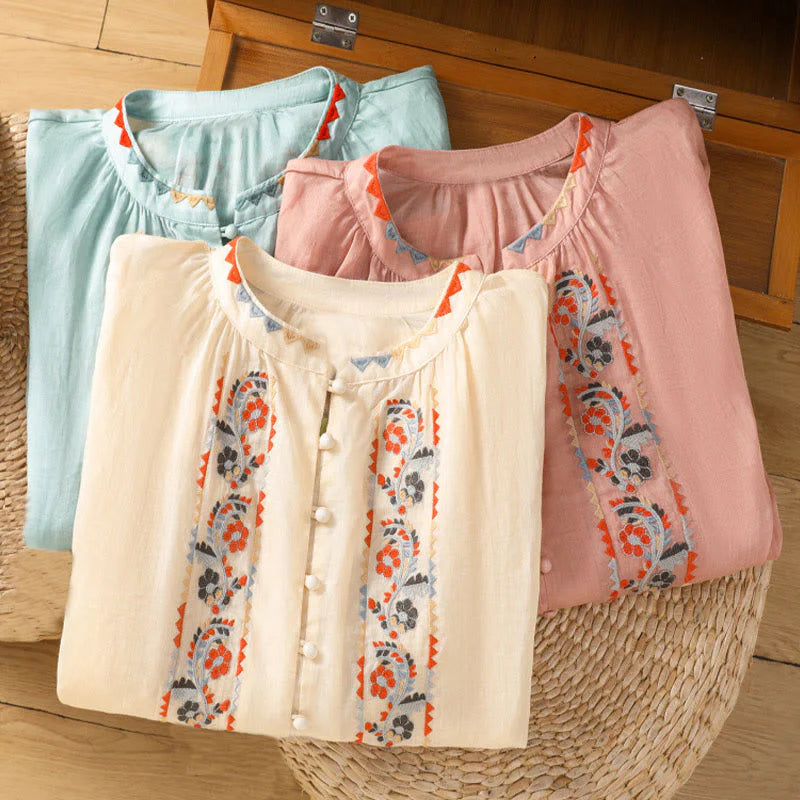 Buddha Stones Vintage Embroidery Single Row Multi-Button Placket Design Women's Cotton Linen Long Lantern Sleeve Shirt
