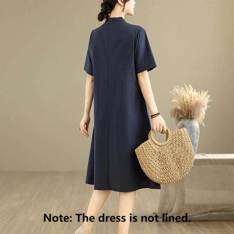Buddha Stones Commute Plaid Pattern Simple Design Cotton Half Sleeve Midi Dress With Pockets