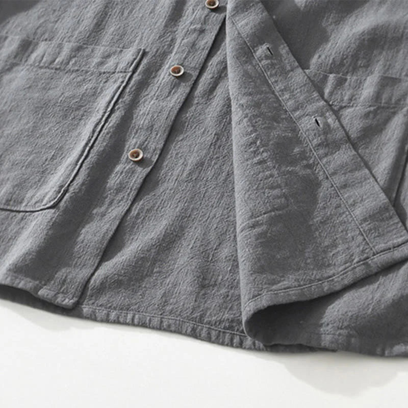 Buddha Stones Casual Buttons Design Stand Collar Men's Short Sleeve Cotton Linen Shirt With Pockets