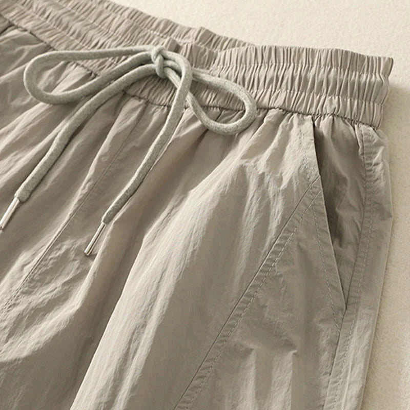 Buddha Stones Summer Vintage Plain Drawstring Cuffed Women's Pants With Pockets